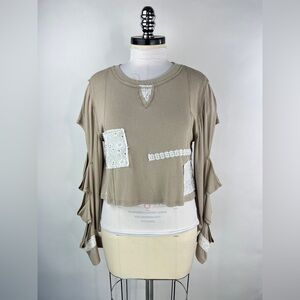 💚 2976. Ribbed Patchwork Cut Out Sleeves Top